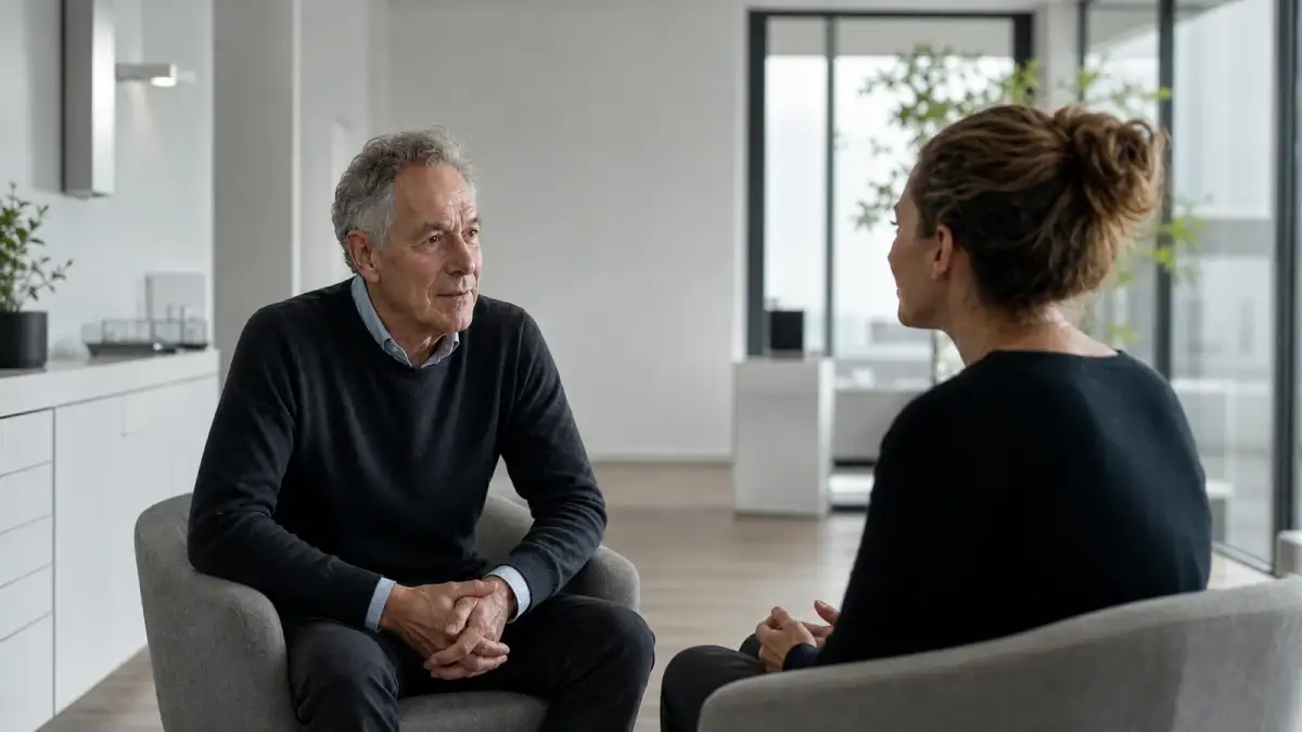 Ein älterer Mann im aufmerksamen Gespräch mit einer Hörakustikerin